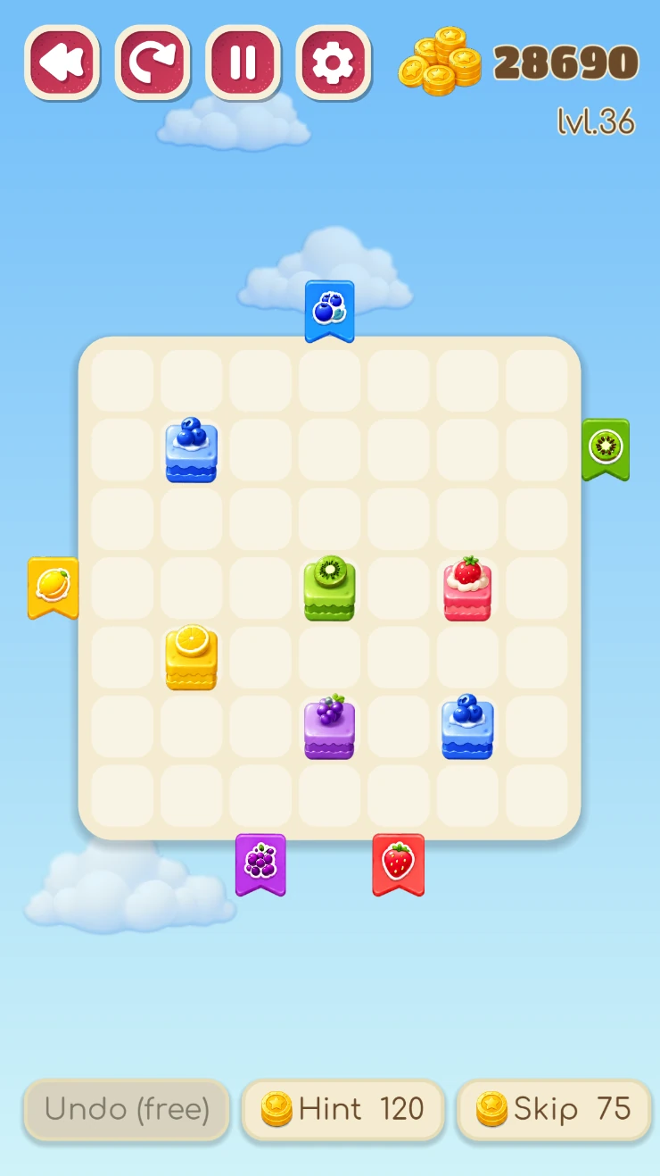 A Bake Box level in progress: six fruit cakes on a grid, with coloured exit gates on each side of the board and undo, hint and skip buttons below