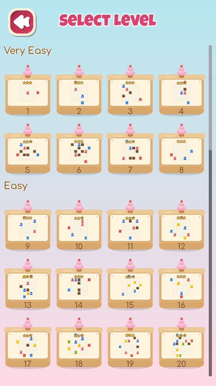 The Bake Box level select screen, showing level cards with star ratings grouped under Very Easy and Easy headings