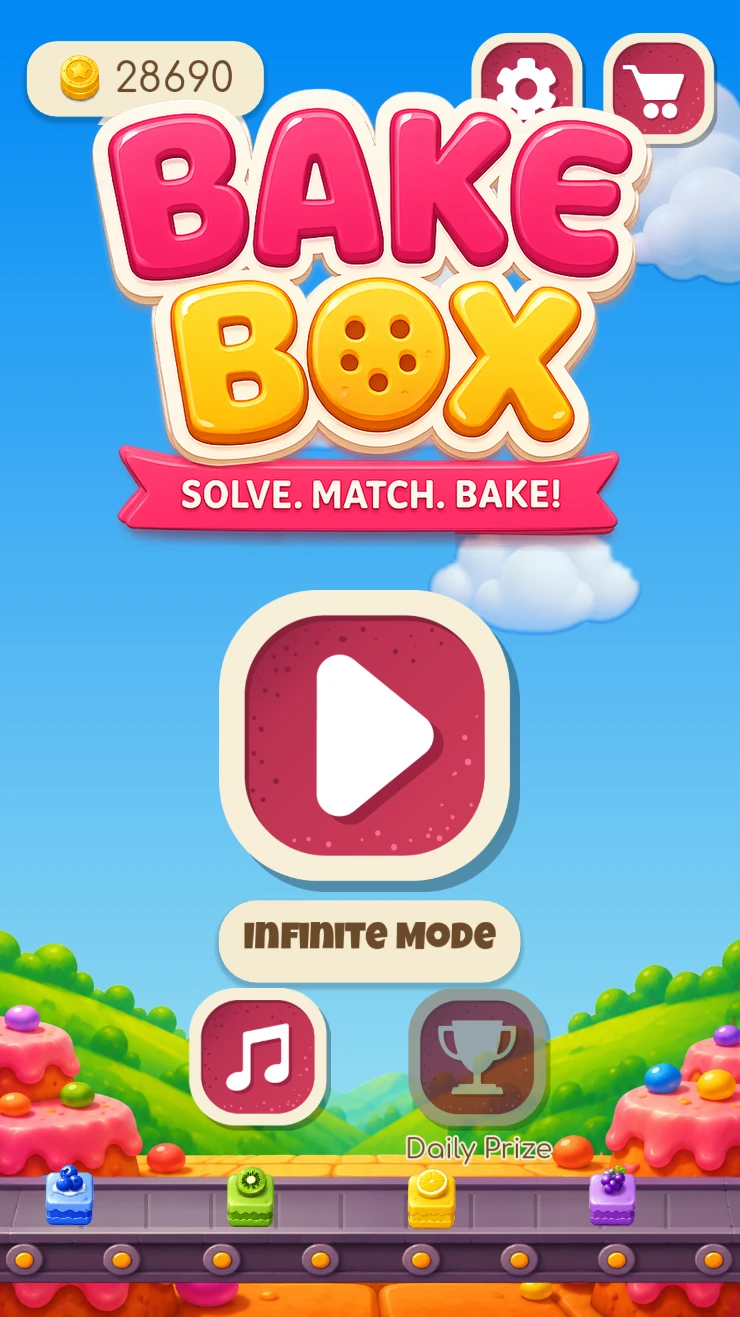 Bake Box title screen showing the game logo above a play button and a bakery conveyor belt